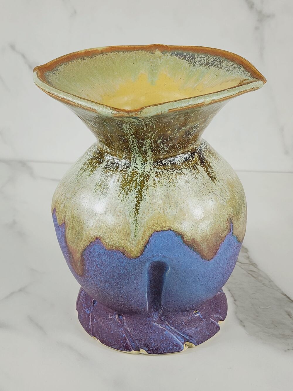 Vase Art Pottery Height 7" Yellow Blue Purple Drip Design Flared Rim Home Decor